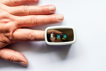 A man doing test using pulse oximeter to check oxygen levels in the blood on the white background.