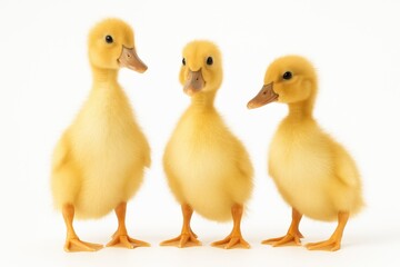 Naklejka premium Three ducklings of the Indian Runner breed on a plain white backdrop