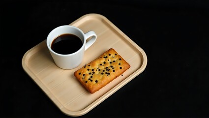 A cup of black coffee sits next to a chocolate chip pastry on a wooden tray