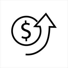 Dollar sign with upward arrow icon, symbol of profit, return on investment, or revenue growth.