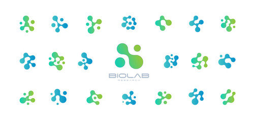 Biotech Logo Collection With Abstract Molecular Shapes, Science And Innovation Concept In Green Blue Gradient Style. Modern Laboratory Branding. Vector Illustration.
