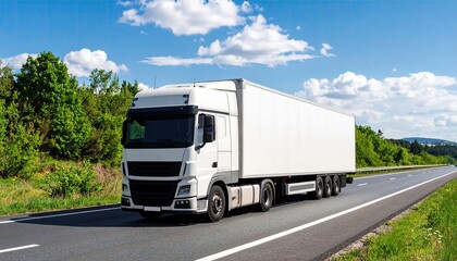 White semi-truck on highway, sunny day