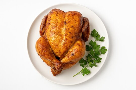 Delicious oven-roasted poultry garnished with fresh herbs, seen from above against a white background