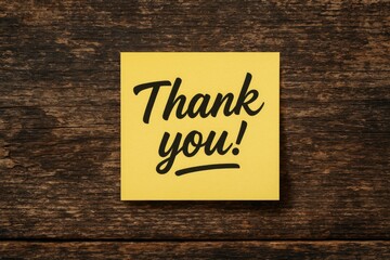 Obraz premium Thank you note on bright yellow paper with rustic wood backdrop