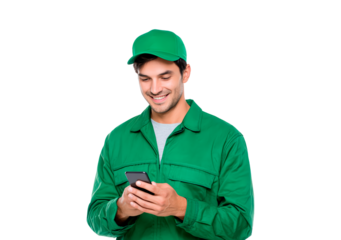 Happy delivery worker using smartphone in green uniform for communication and updates on transparent background, PNG