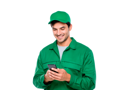 Happy delivery worker using smartphone in green uniform for communication and updates on transparent background, PNG
