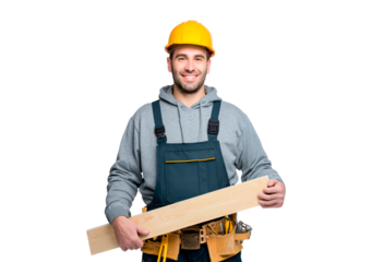 Smiling construction worker holding wood plank in protective gear for building concept on transparent background, PNG