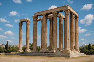 Naklejka premium View of the ancient Greek temple from the west under a bright sky with scattered clouds, empty surroundings