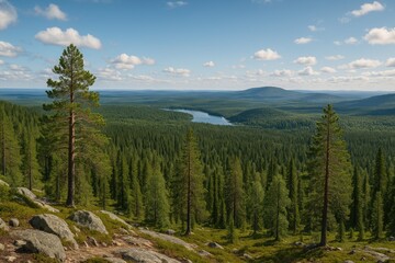 Obraz premium Scenic overlook of the Kivakka taiga mountain range