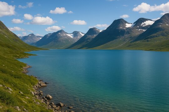 Exploring the serene waters of a mountain lake nestled in a rugged range