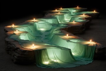 Serpentine river of pale teal fabric, draped over sculpted stone, illuminated by warm candles
