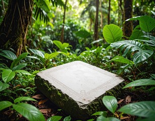 White stone slab amidst lush jungle foliage