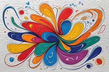 Playful and colorful hand-drawn doodle-style abstract composition. A creative and energetic pattern with whimsical lines, shapes, and swirls on a white background