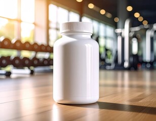 White supplement bottle on gym floor