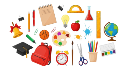 School supplies assortment for back to school design isolated PNG with Transparent Background