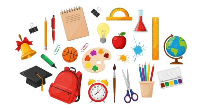 School supplies assortment for back to school design isolated PNG with Transparent Background