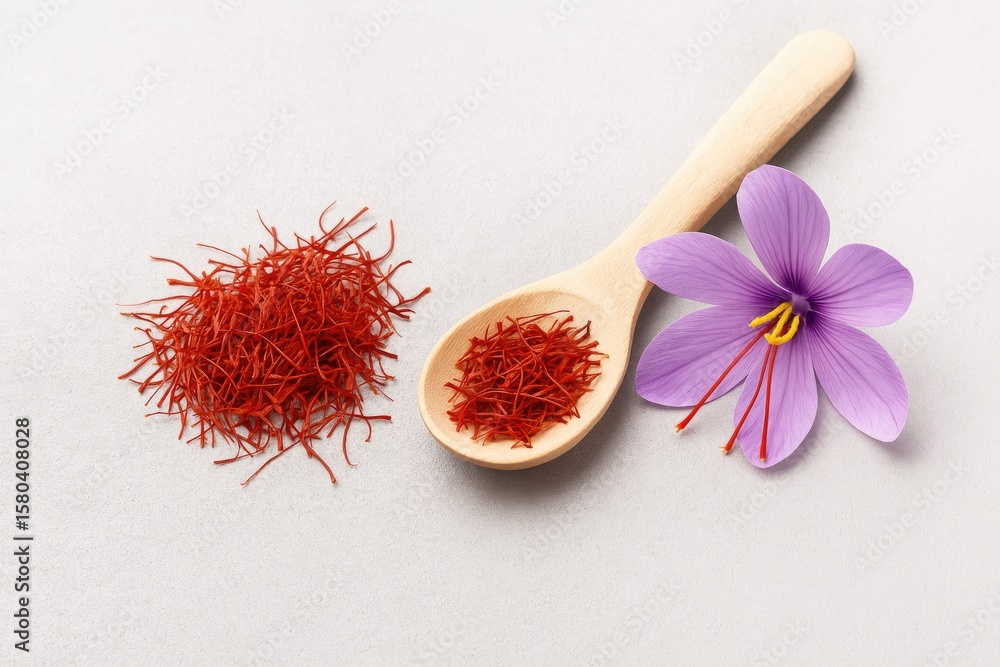 Aufkleber dried saffron threads displayed on a wooden spoon placed on a stone surface with space for text