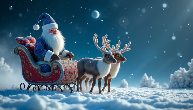 Funny Santa Claus in blue suit riding in a sleigh with reindeer in a snowy landscape  