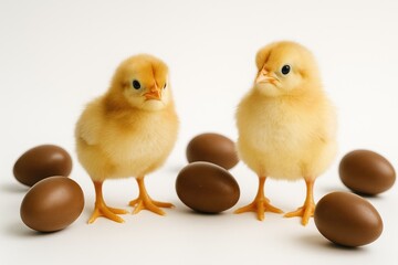 Fototapeta premium Easter-themed scene with two hens and chocolate eggs in the background