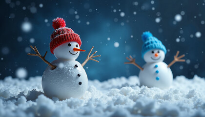 Fototapeta premium Two snowmen with colorful hats playing in falling snow at night 