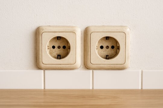 Two vintage electrical outlets in a kitchen