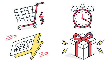 Illustration featuring shopping cart, clock, cyber week sign, and gift box with lightning bolts around it