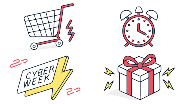 Illustration featuring shopping cart, clock, cyber week sign, and gift box with lightning bolts around it