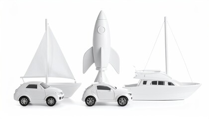 White toy vehicles and rocket ship