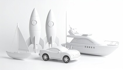 White toy vehicles and rockets on white background