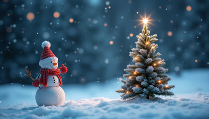 Obraz premium Snowman celebrating winter season beside decorated Christmas tree 