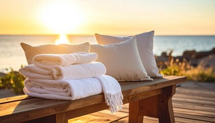 White towels and pillows on wooden bench at sunset by the ocean