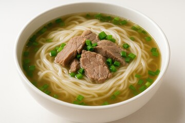 Warm Asian-style noodle soup with beef and scallions