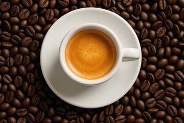A top-down perspective of a tiny white espresso cup with frothy cream, resting on a saucer amidst a background of dark roasted coffee beans.