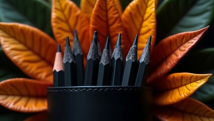 A collection of black pencils in a leather cup with autumn leaves