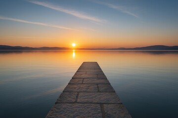 Fototapeta premium Serene waterside scene with a rocky dock at a tranquil lake