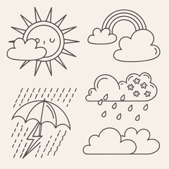 Cute weather icons featuring a smiling sun rainbow rain and umbrella