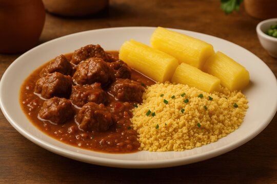 Traditional northeastern Brazilian dish featuring stewed meat served with couscous and manioc