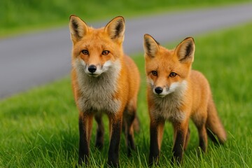 Two crimson foxes resting on the grassy roadside