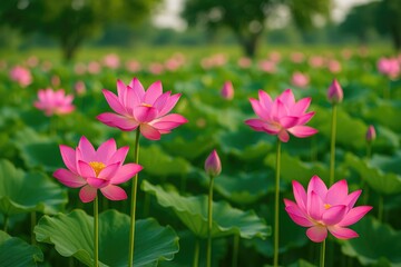 Fototapeta premium Blooming Vietnamese lotus flowers in a peaceful field