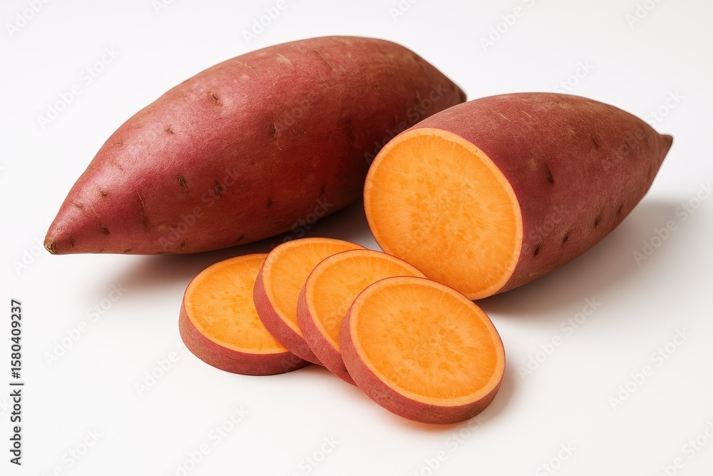 Poster close-up of sliced sweet potatoes on a white background in a horizontal layout