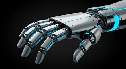 Sleek Robotic Hand with Blue Accents on Black Background