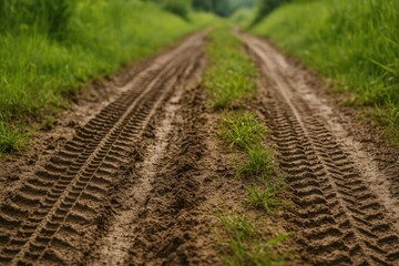 Mud-covered tire track patterns on a springtime road