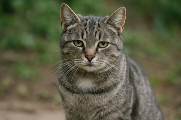 Adorable gray kitten outdoors with soulful eyes, close-up portrait of a stray feline
