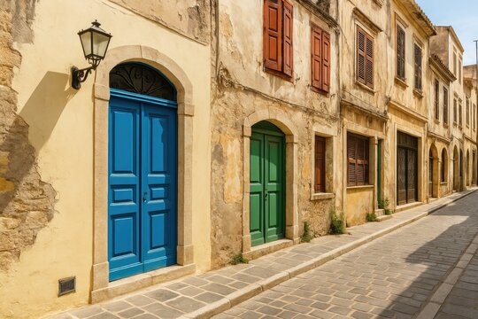 Fototapeta Traditional Greek Streets Featuring Historic Buildings and Ancient Doors