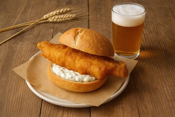 Traditional German-style deep-fried Pollack fish in beer batter served in a bread bun with tartar sauce on a wooden table