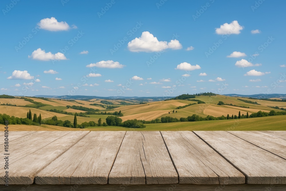 Poster bright summer sky over rolling hills and rustic wooden structures with open space