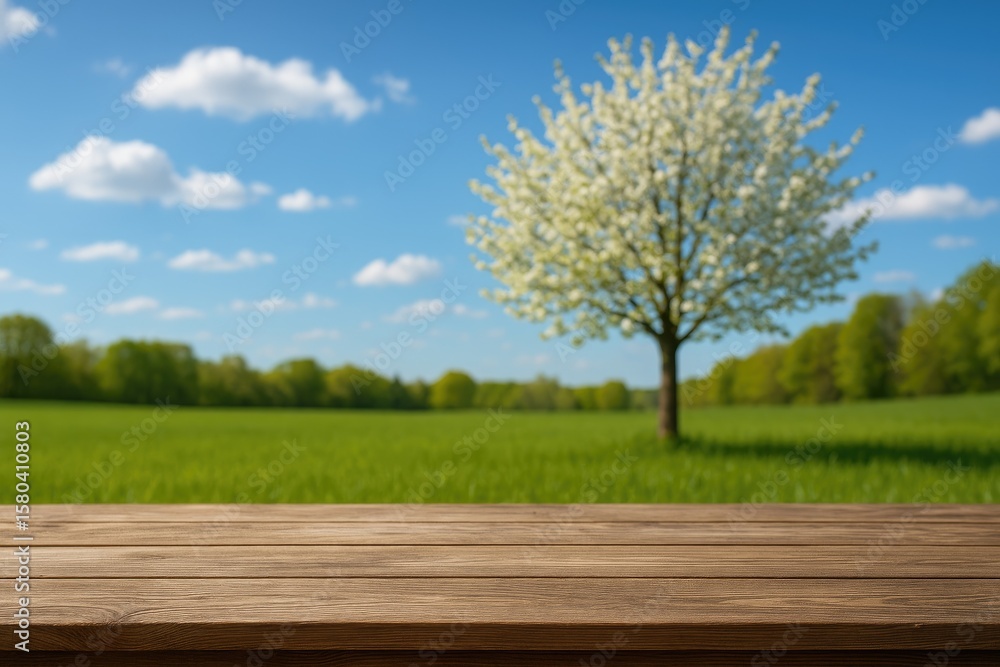 Poster empty table background with space for product or text and a spring scenery