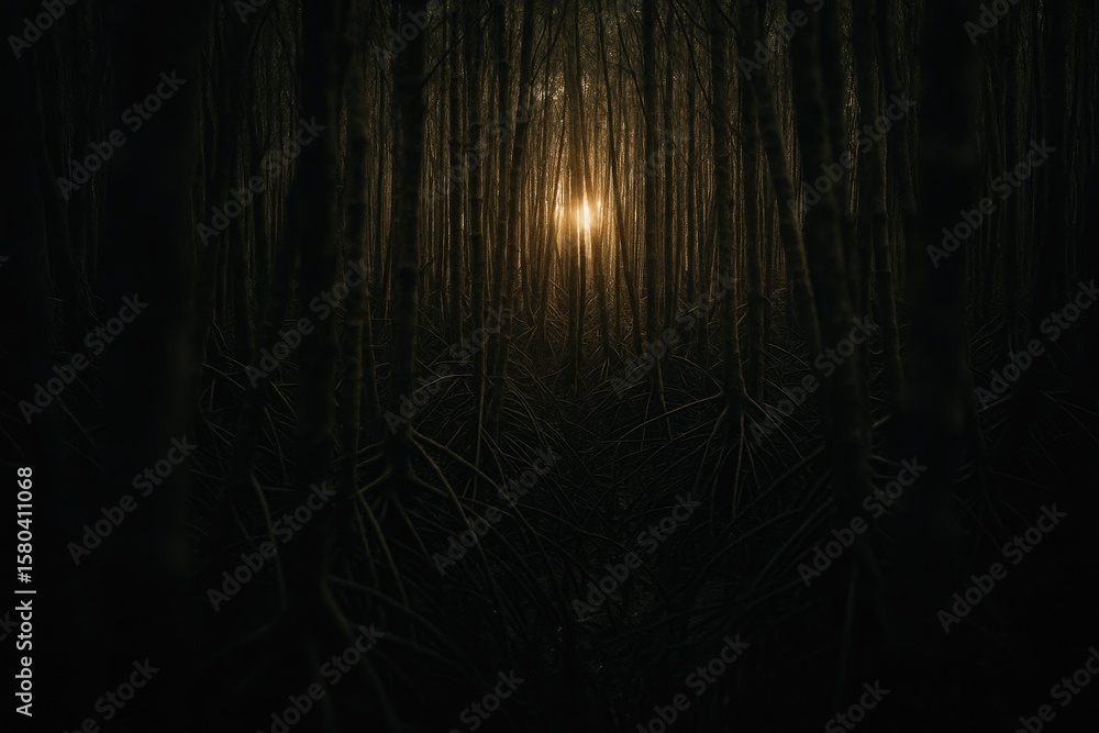 Poster sunlit scene featuring a vibrant mangrove forest with blurred tree trunks and roots in the foregroun