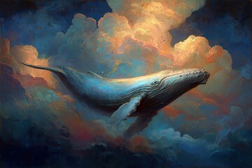 A majestic whale soars through vibrant clouds