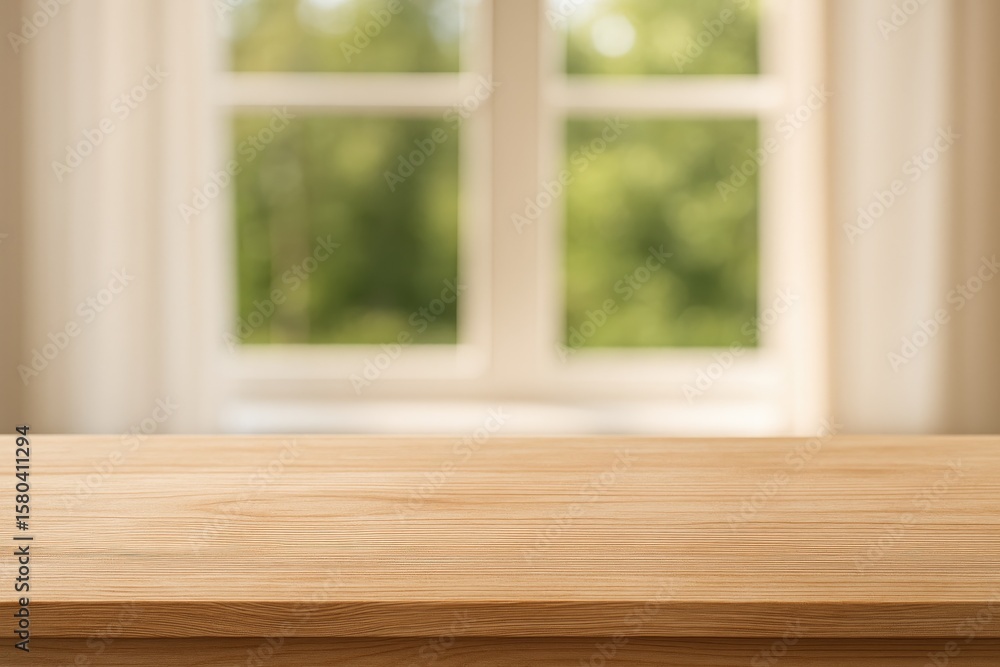 Poster home interior design with a table featuring a clear background and a softly blurred window view